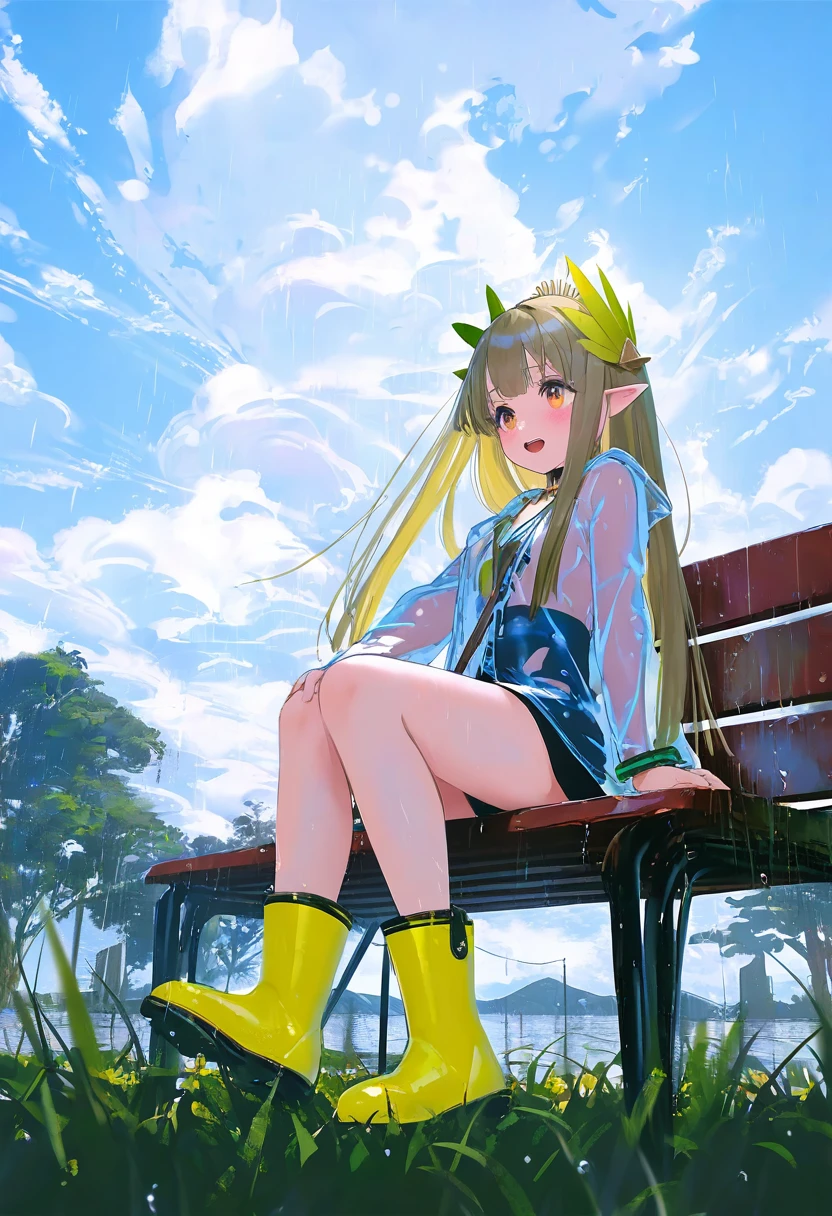 [kedama milk],mika pikazo,(wlop,reoen,tianliang duohe fangdongye),[ask \(askzy\)],[[kantoku]], - 1girl,muelsyse \(arknights\),arknights,cloudy sky,grass,on bench,outdoors,rain,road,yellow rubber boots,see-through coat,sitting,transparent raincoat,water drop,