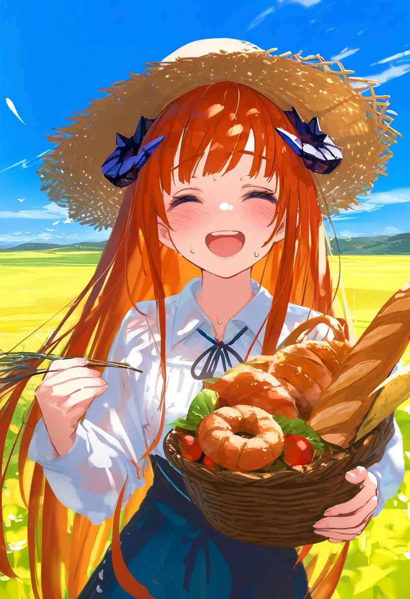 [kedama milk],mika pikazo,(wlop,reoen,tianliang duohe fangdongye),[ask \(askzy\)],[[kantoku]], - 1girl,bagpipe \(arknights\),arknights,baguette,blush,bread,croissant,holding basket,pretzel,upper body,straw hat,field,sky,laughing,sweat,sunlight,
