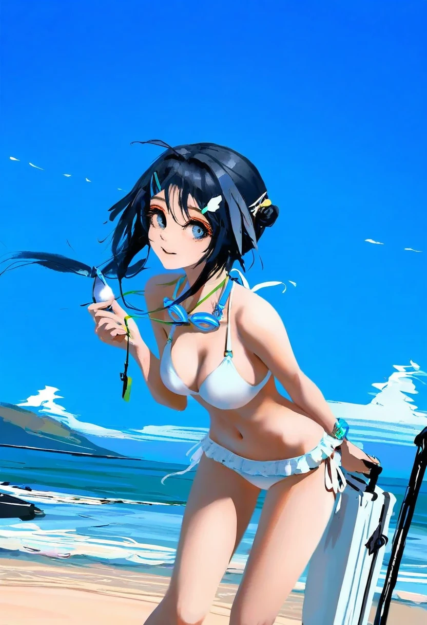 Cogecha,[ningen mame],(wlop),[sho \(sho lwlw\)], - 1girl,la pluma \(summer flowers\) \(arknights\),arknights,white bikini,outdoors,navel,day,sky,blue sky,beach,suitcase,looking at viewer,ocean,low-tied long hair,leaning forward,standing,holding,frills,hand up,bare shoulders,floating hair,
