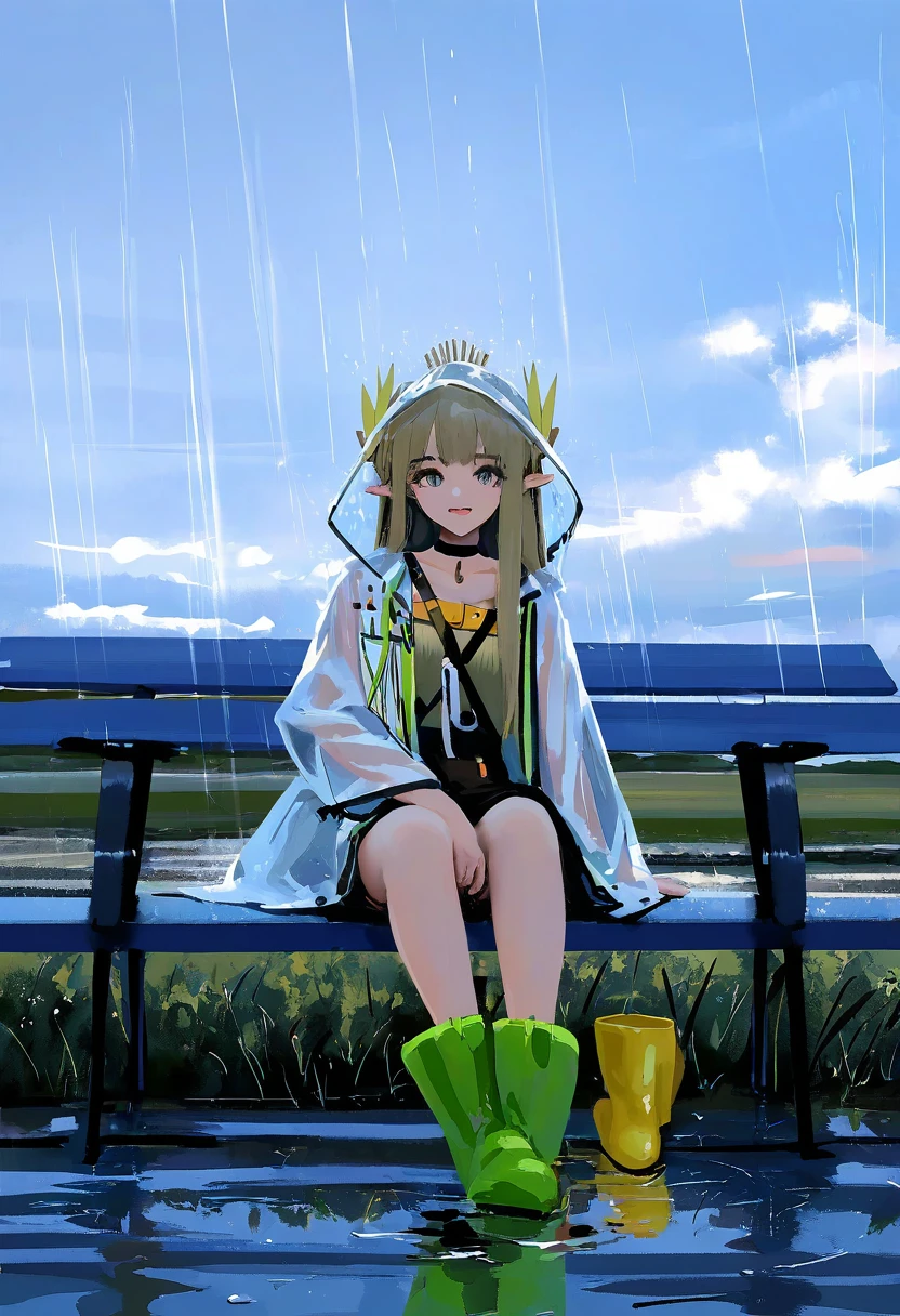 Cogecha,[ningen mame],(wlop),[sho \(sho lwlw\)], - 1girl,muelsyse \(arknights\),arknights,cloudy sky,grass,on bench,outdoors,rain,road,yellow rubber boots,see-through coat,sitting,transparent raincoat,water drop,