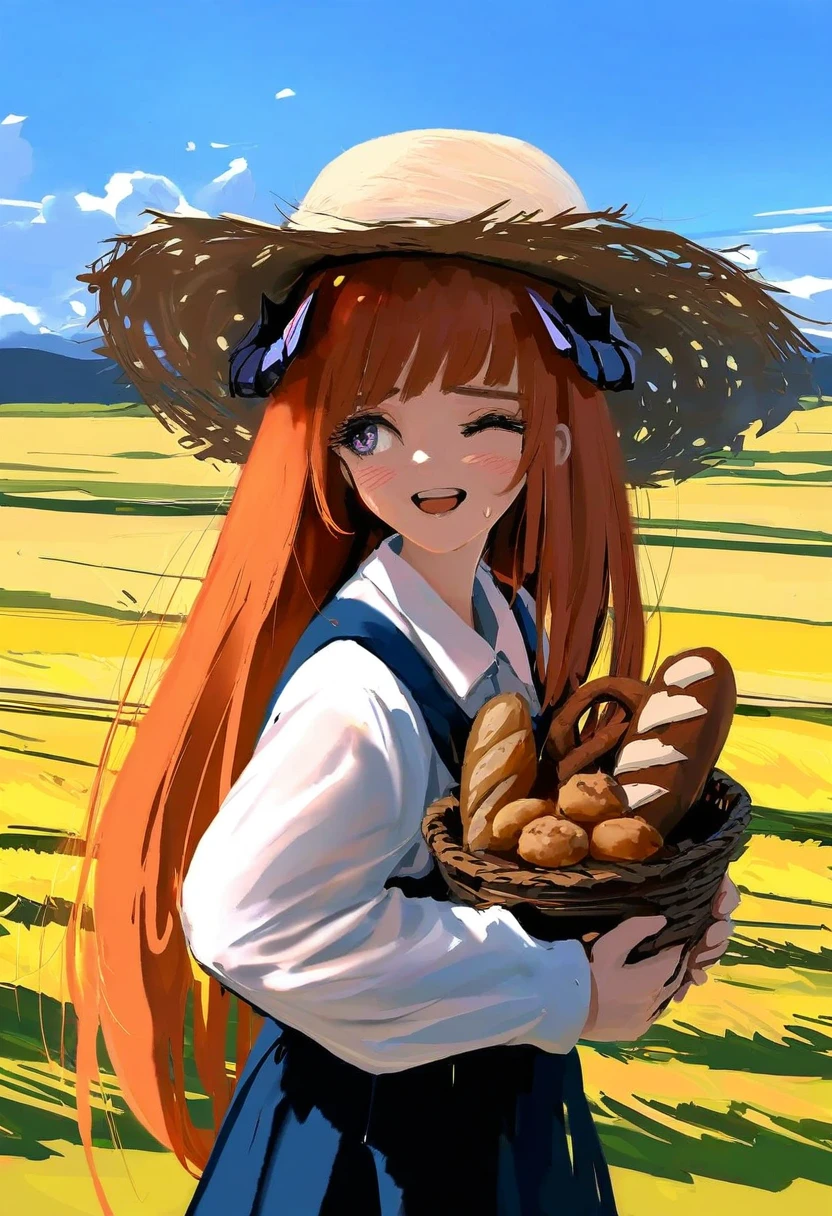 Cogecha,[ningen mame],(wlop),[sho \(sho lwlw\)], - 1girl,bagpipe \(arknights\),arknights,baguette,blush,bread,croissant,holding basket,pretzel,upper body,straw hat,field,sky,laughing,sweat,sunlight,