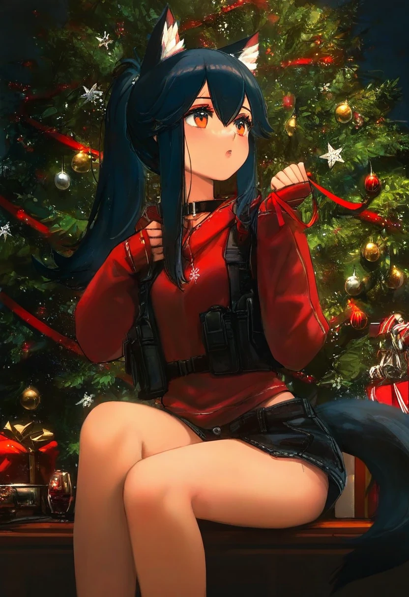 [ashima takumi],[[ciloranko]],[[wlop]],[[porforever]],(cierra \(ra-bit\)), - 1girl,texas \(arknights\),arknights,underwear,tactical vest,christmas tree,christmas ornaments,