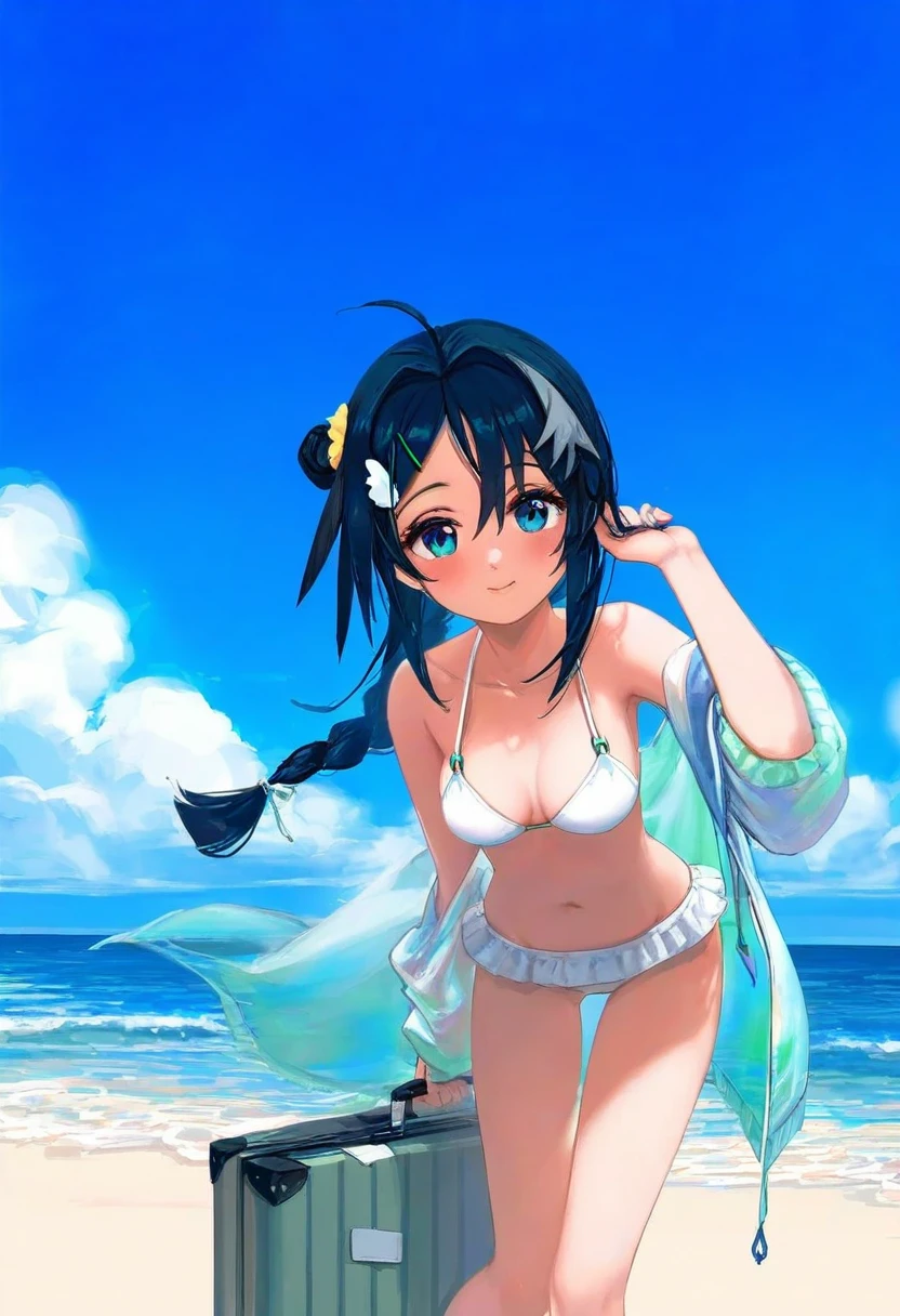 [ashima takumi],[[ciloranko]],[[wlop]],[[porforever]],(cierra \(ra-bit\)), - 1girl,la pluma \(summer flowers\) \(arknights\),arknights,white bikini,outdoors,navel,day,sky,blue sky,beach,suitcase,looking at viewer,ocean,low-tied long hair,leaning forward,standing,holding,frills,hand up,bare shoulders,floating hair,
