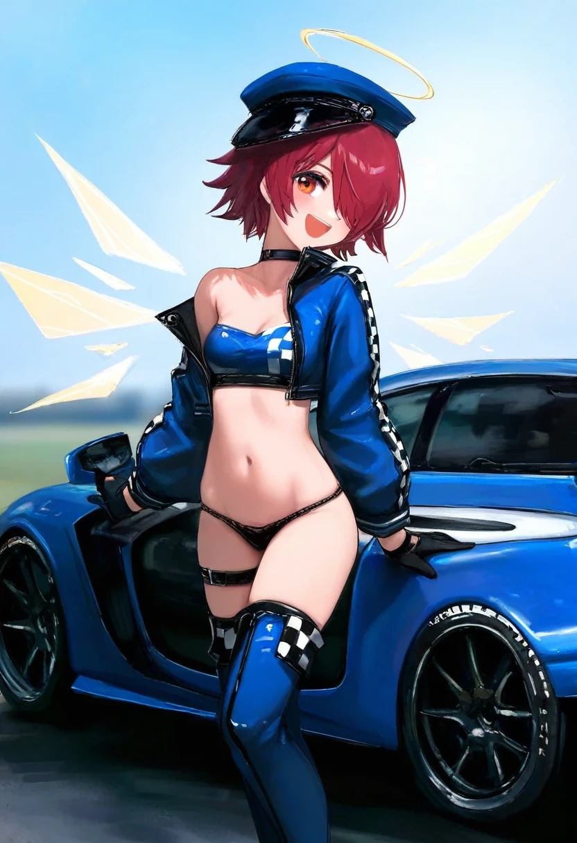 [ashima takumi],[[ciloranko]],[[wlop]],[[porforever]],(cierra \(ra-bit\)), - 1girl,exusiai \(arknights\),arknights,black gloves,black panties,blue thigh boots,blue hat,blue jacket,long sleeves,race queen,thigh strap,thong,single bare shoulder,skindentation,tire,