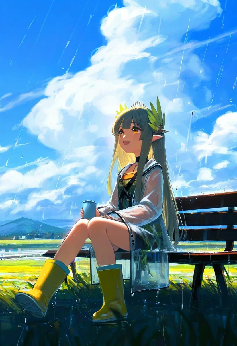 [ashima takumi],[[ciloranko]],[[wlop]],[[porforever]],(cierra \(ra-bit\)), - 1girl,muelsyse \(arknights\),arknights,cloudy sky,grass,on bench,outdoors,rain,road,yellow rubber boots,see-through coat,sitting,transparent raincoat,water drop,