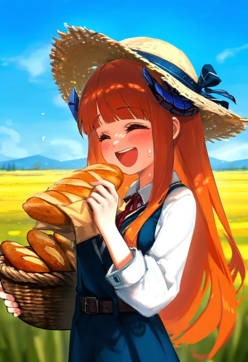 [ashima takumi],[[ciloranko]],[[wlop]],[[porforever]],(cierra \(ra-bit\)), - 1girl,bagpipe \(arknights\),arknights,baguette,blush,bread,croissant,holding basket,pretzel,upper body,straw hat,field,sky,laughing,sweat,sunlight,