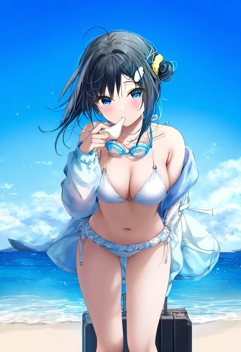 ((mafuyu)),(((mochi))),[[[wlop]]], - 1girl,la pluma \(summer flowers\) \(arknights\),arknights,white bikini,outdoors,navel,day,sky,blue sky,beach,suitcase,looking at viewer,ocean,low-tied long hair,leaning forward,standing,holding,frills,hand up,bare shoulders,floating hair,