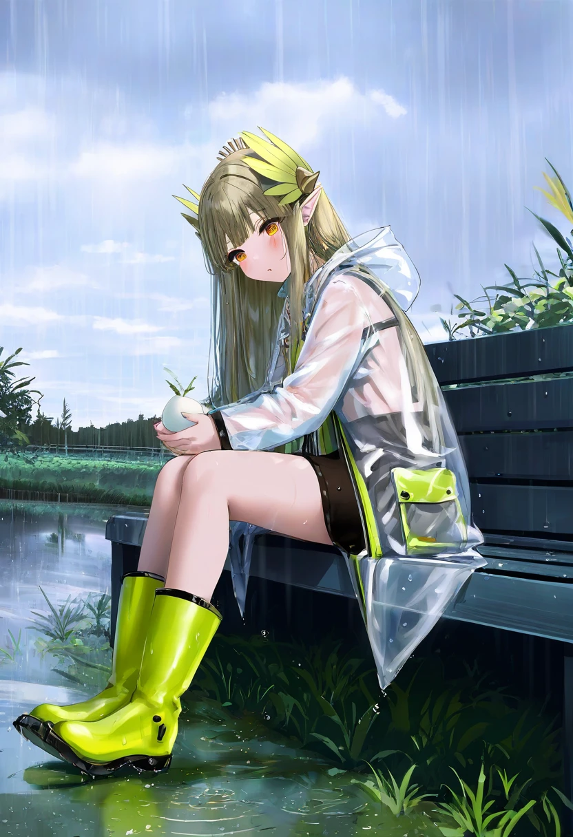 ((mafuyu)),(((mochi))),[[[wlop]]], - 1girl,muelsyse \(arknights\),arknights,cloudy sky,grass,on bench,outdoors,rain,road,yellow rubber boots,see-through coat,sitting,transparent raincoat,water drop,