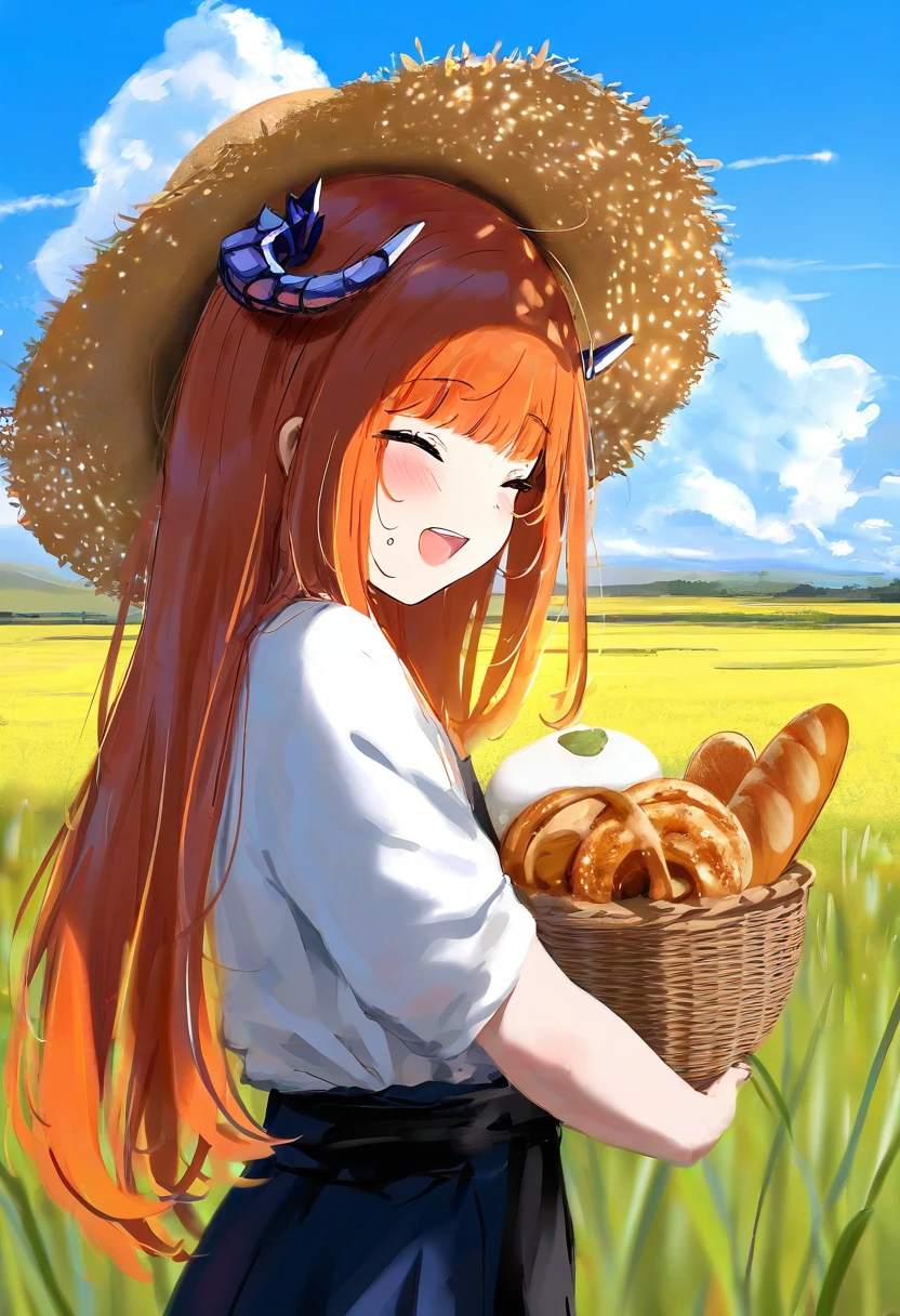 ((mafuyu)),(((mochi))),[[[wlop]]], - 1girl,bagpipe \(arknights\),arknights,baguette,blush,bread,croissant,holding basket,pretzel,upper body,straw hat,field,sky,laughing,sweat,sunlight,