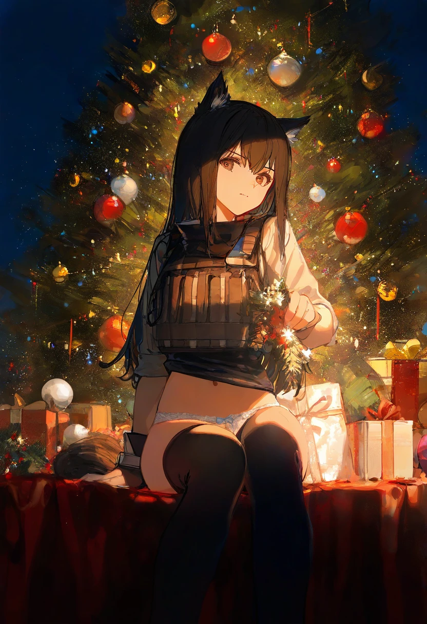 ((mogumo,u u zan,ciloranko,miv4t,wlop)),[[fuzichoco]],((rella)), - 1girl,texas \(arknights\),arknights,underwear,tactical vest,christmas tree,christmas ornaments,