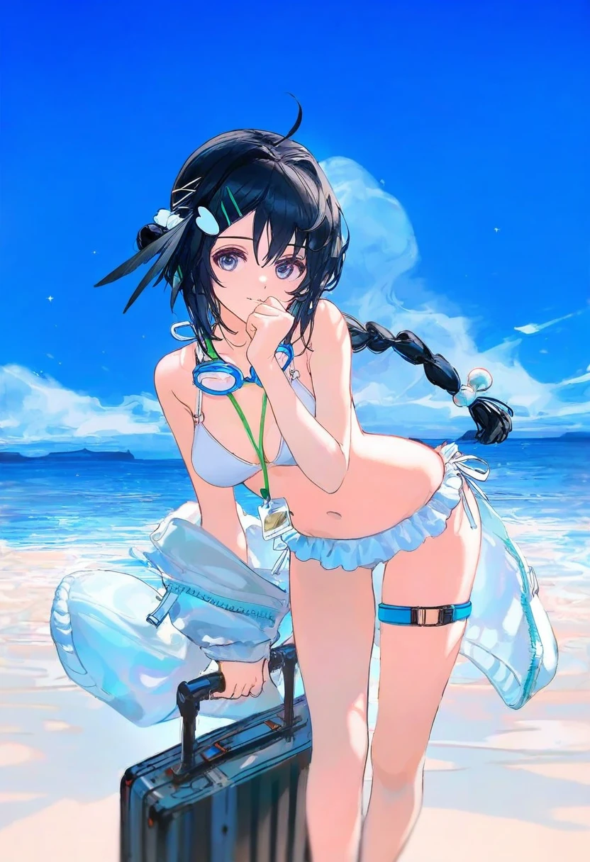 ((mogumo,u u zan,ciloranko,miv4t,wlop)),[[fuzichoco]],((rella)), - 1girl,la pluma \(summer flowers\) \(arknights\),arknights,white bikini,outdoors,navel,day,sky,blue sky,beach,suitcase,looking at viewer,ocean,low-tied long hair,leaning forward,standing,holding,frills,hand up,bare shoulders,floating hair,