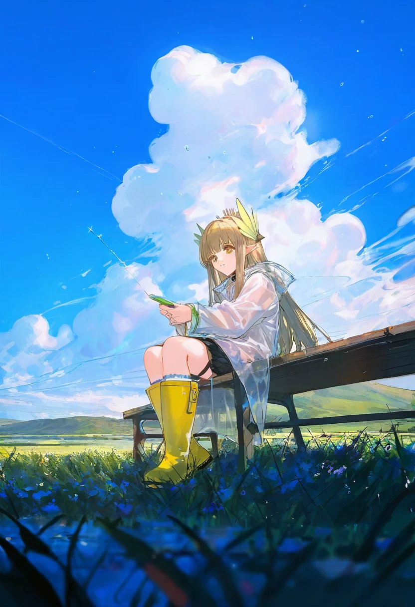 ((mogumo,u u zan,ciloranko,miv4t,wlop)),[[fuzichoco]],((rella)), - 1girl,muelsyse \(arknights\),arknights,cloudy sky,grass,on bench,outdoors,rain,road,yellow rubber boots,see-through coat,sitting,transparent raincoat,water drop,