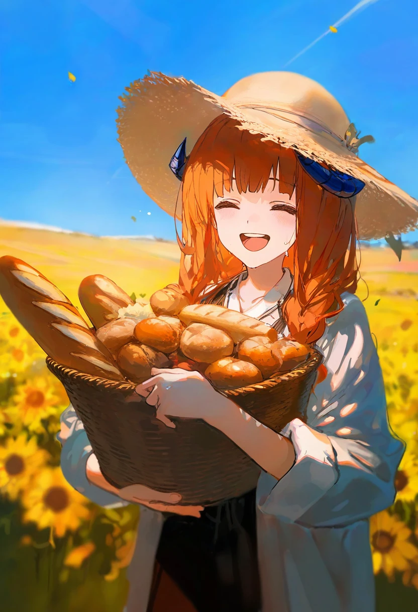 ((mogumo,u u zan,ciloranko,miv4t,wlop)),[[fuzichoco]],((rella)), - 1girl,bagpipe \(arknights\),arknights,baguette,blush,bread,croissant,holding basket,pretzel,upper body,straw hat,field,sky,laughing,sweat,sunlight,