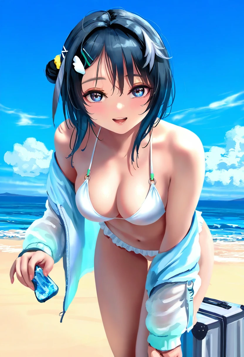 kase daiki,(shuz),[wlop], - 1girl,la pluma \(summer flowers\) \(arknights\),arknights,white bikini,outdoors,navel,day,sky,blue sky,beach,suitcase,looking at viewer,ocean,low-tied long hair,leaning forward,standing,holding,frills,hand up,bare shoulders,floating hair,