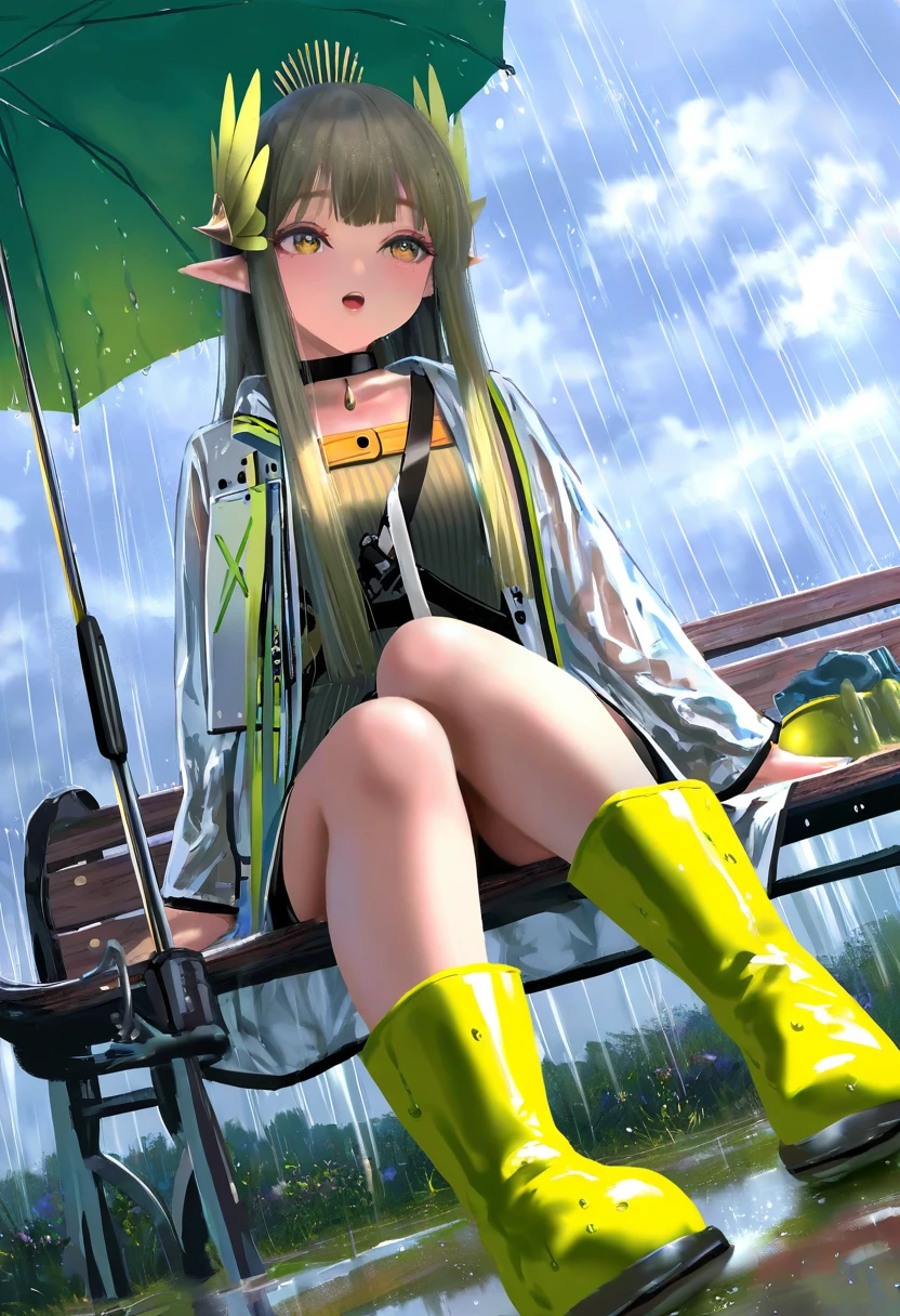 kase daiki,(shuz),[wlop], - 1girl,muelsyse \(arknights\),arknights,cloudy sky,grass,on bench,outdoors,rain,road,yellow rubber boots,see-through coat,sitting,transparent raincoat,water drop,