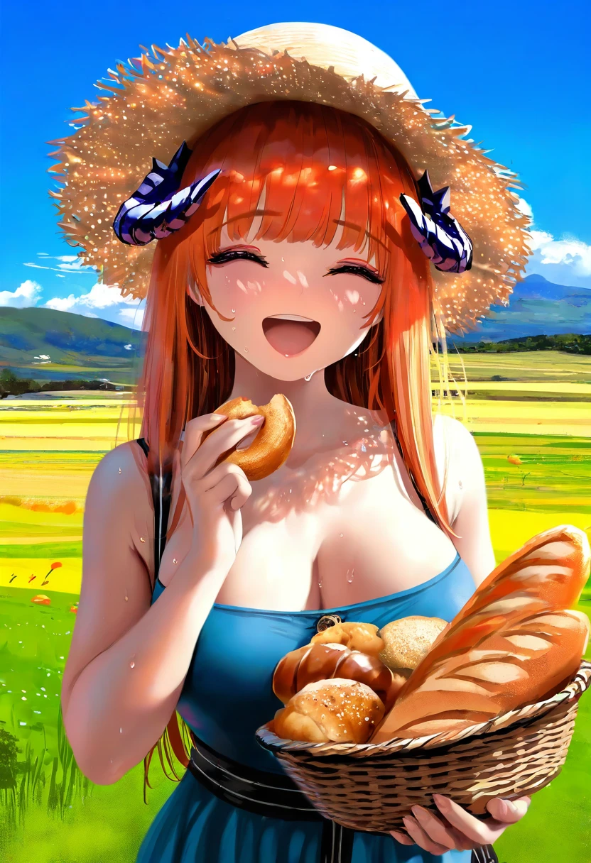 kase daiki,(shuz),[wlop], - 1girl,bagpipe \(arknights\),arknights,baguette,blush,bread,croissant,holding basket,pretzel,upper body,straw hat,field,sky,laughing,sweat,sunlight,