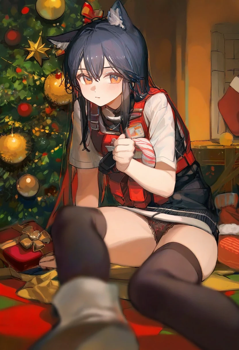 [ningen mame],ciloranko,[sho \(sho lwlw\)],[[tianliang duohe fangdongye]],[[rhasta]], - 1girl,texas \(arknights\),arknights,underwear,tactical vest,christmas tree,christmas ornaments,