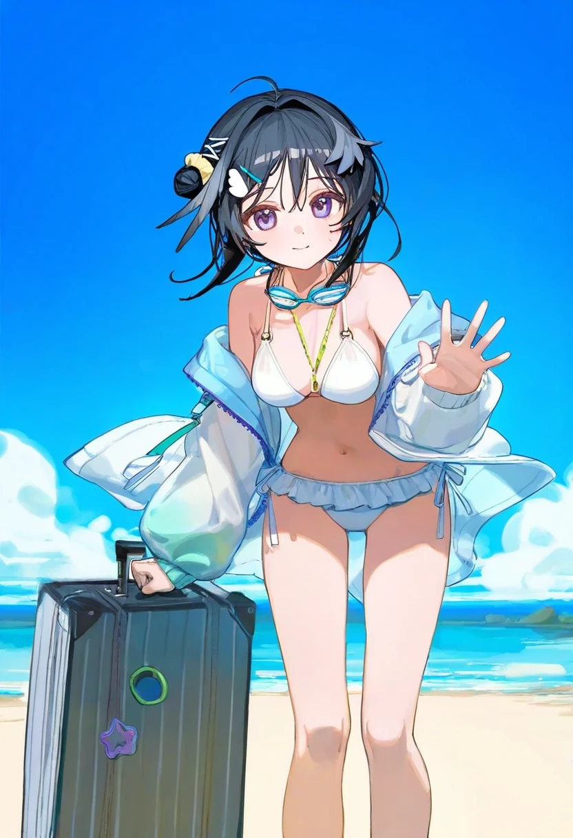 [ningen mame],ciloranko,[sho \(sho lwlw\)],[[tianliang duohe fangdongye]],[[rhasta]], - 1girl,la pluma \(summer flowers\) \(arknights\),arknights,white bikini,outdoors,navel,day,sky,blue sky,beach,suitcase,looking at viewer,ocean,low-tied long hair,leaning forward,standing,holding,frills,hand up,bare shoulders,floating hair,