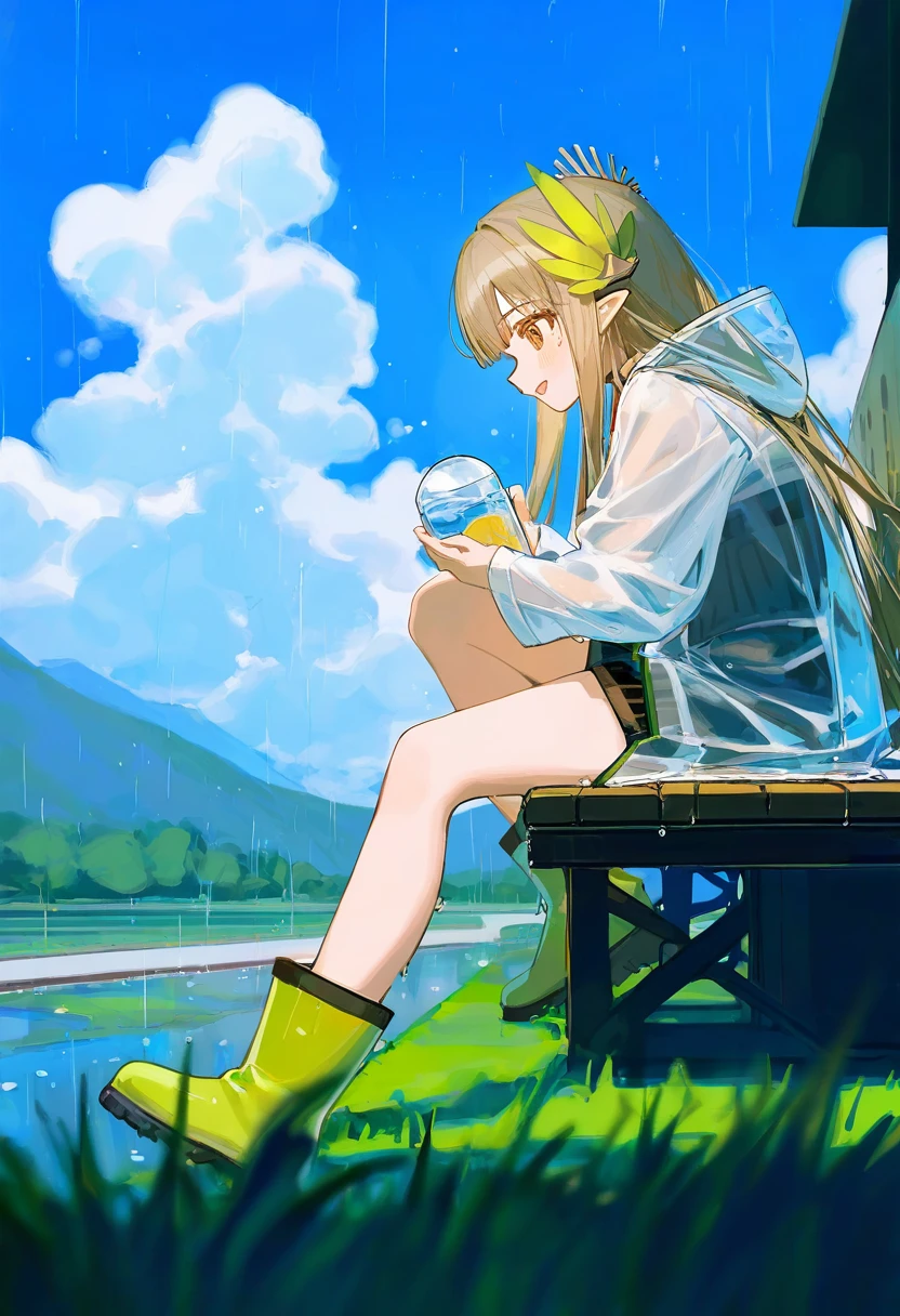 [ningen mame],ciloranko,[sho \(sho lwlw\)],[[tianliang duohe fangdongye]],[[rhasta]], - 1girl,muelsyse \(arknights\),arknights,cloudy sky,grass,on bench,outdoors,rain,road,yellow rubber boots,see-through coat,sitting,transparent raincoat,water drop,
