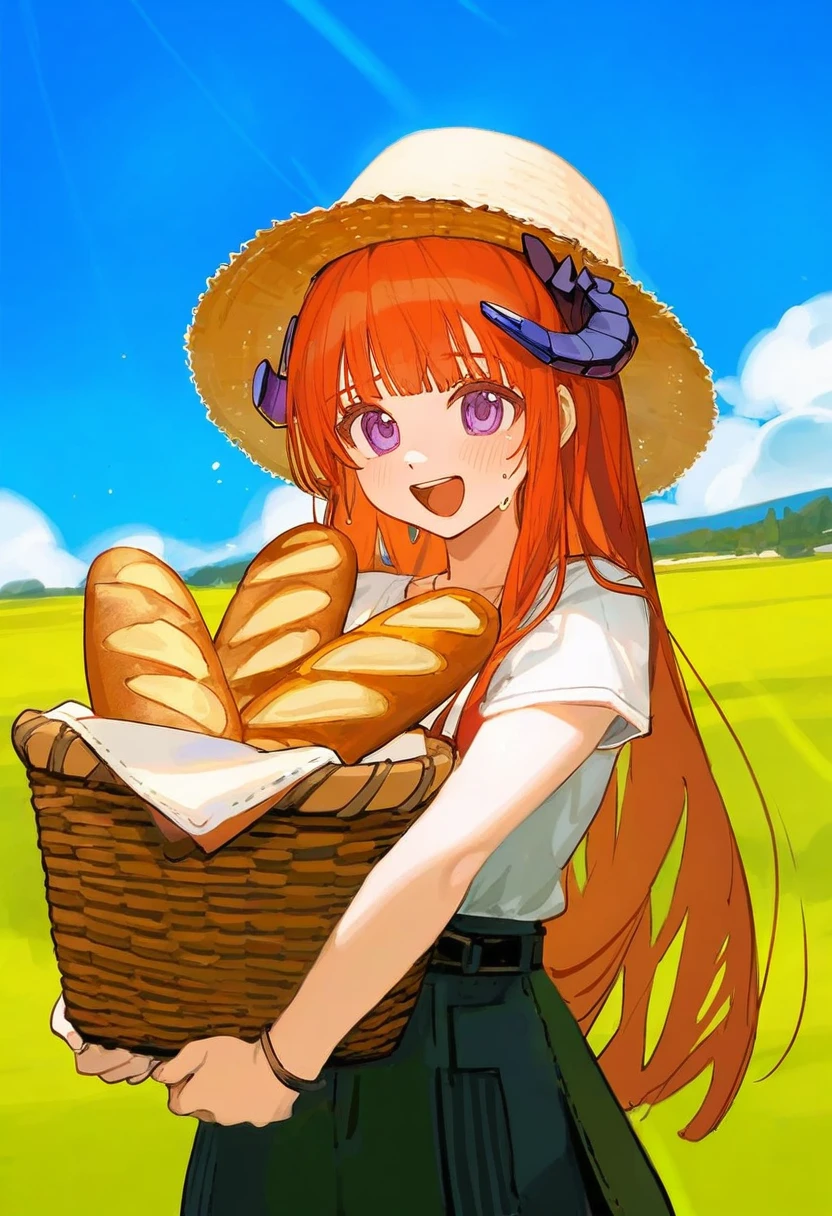 [ningen mame],ciloranko,[sho \(sho lwlw\)],[[tianliang duohe fangdongye]],[[rhasta]], - 1girl,bagpipe \(arknights\),arknights,baguette,blush,bread,croissant,holding basket,pretzel,upper body,straw hat,field,sky,laughing,sweat,sunlight,