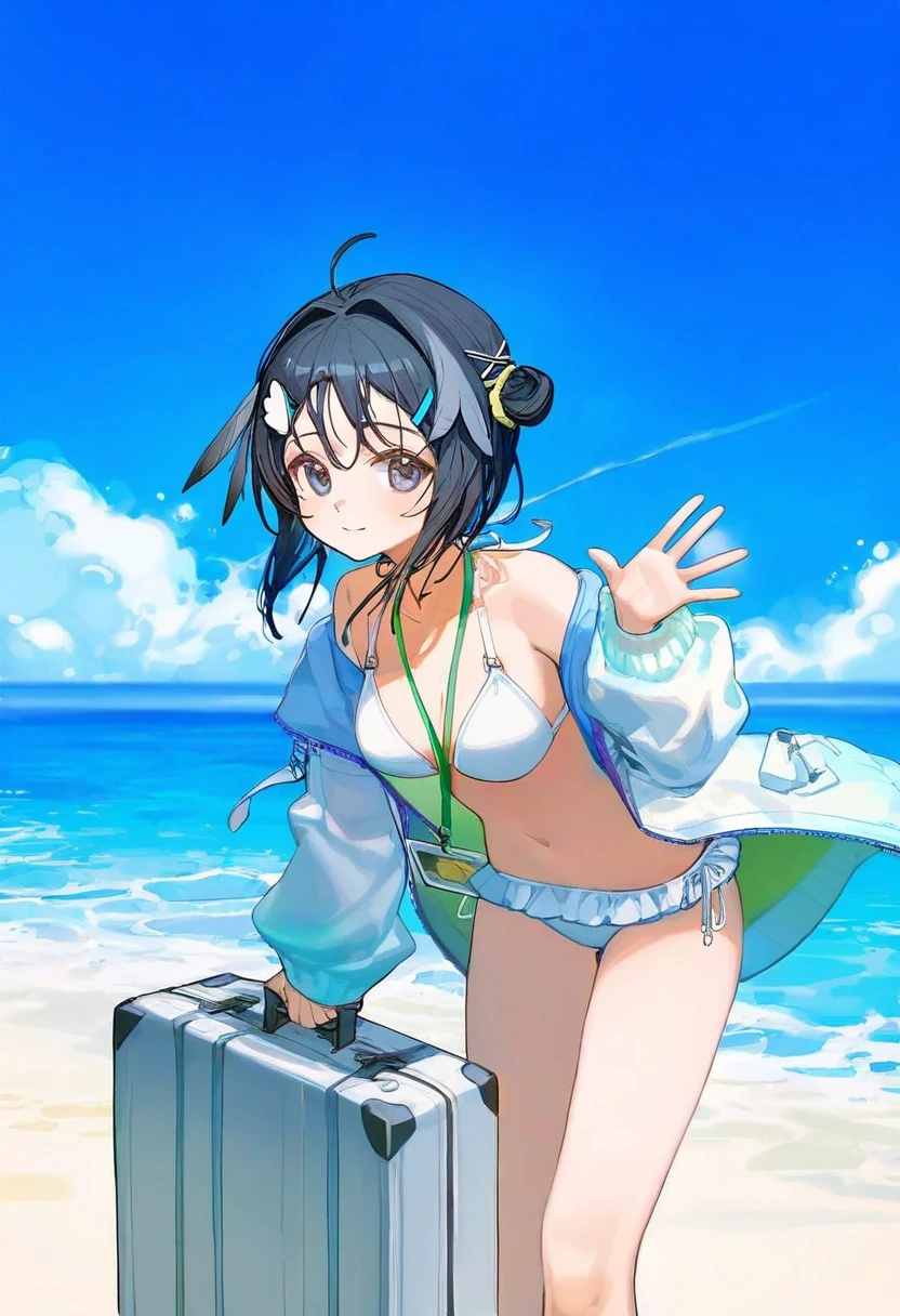 [ningen mame],ciloranko,[sho \(sho lwlw\)],[[tianliang duohe fangdongye]],[rhasta], - 1girl,la pluma \(summer flowers\) \(arknights\),arknights,white bikini,outdoors,navel,day,sky,blue sky,beach,suitcase,looking at viewer,ocean,low-tied long hair,leaning forward,standing,holding,frills,hand up,bare shoulders,floating hair,