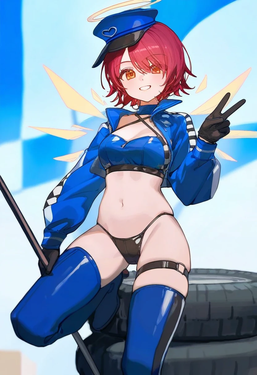 [ningen mame],ciloranko,[sho \(sho lwlw\)],[[tianliang duohe fangdongye]],[rhasta], - 1girl,exusiai \(arknights\),arknights,black gloves,black panties,blue thigh boots,blue hat,blue jacket,long sleeves,race queen,thigh strap,thong,single bare shoulder,skindentation,tire,