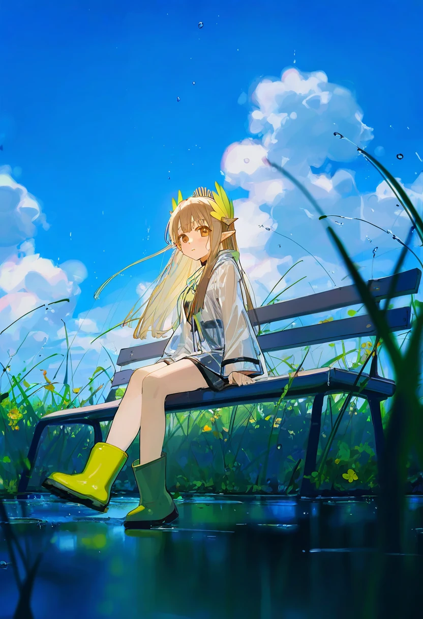 [ningen mame],ciloranko,[sho \(sho lwlw\)],[[tianliang duohe fangdongye]],[rhasta], - 1girl,muelsyse \(arknights\),arknights,cloudy sky,grass,on bench,outdoors,rain,road,yellow rubber boots,see-through coat,sitting,transparent raincoat,water drop,
