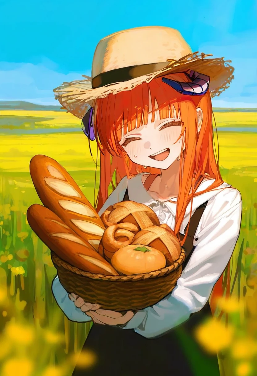 [ningen mame],ciloranko,[sho \(sho lwlw\)],[[tianliang duohe fangdongye]],[rhasta], - 1girl,bagpipe \(arknights\),arknights,baguette,blush,bread,croissant,holding basket,pretzel,upper body,straw hat,field,sky,laughing,sweat,sunlight,