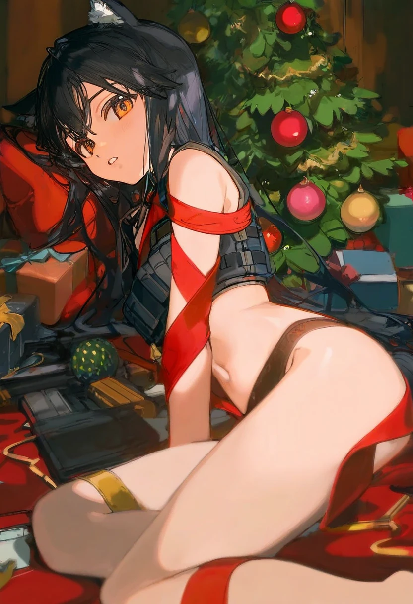 [ningenmame],ciloranko,[sho\(sho lwlw\)], - 1girl,texas \(arknights\),arknights,underwear,tactical vest,christmas tree,christmas ornaments,