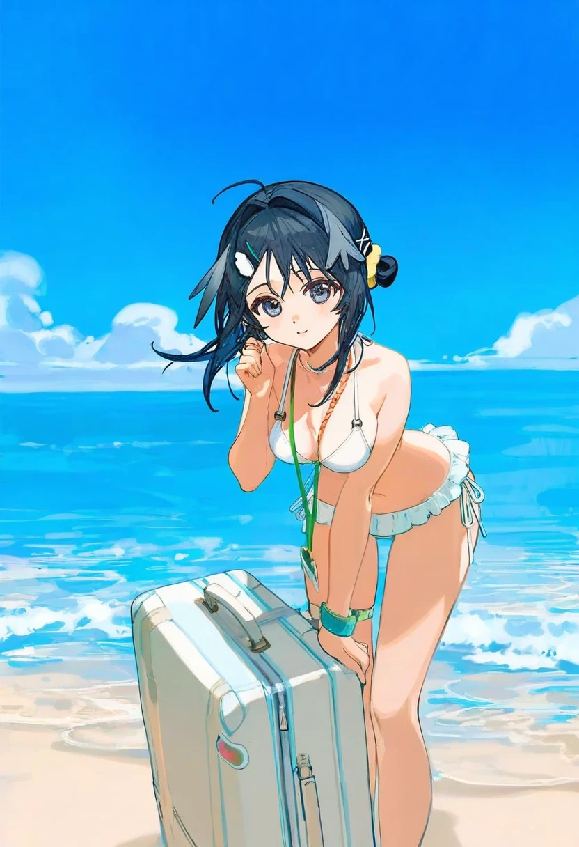 [ningenmame],ciloranko,[sho\(sho lwlw\)], - 1girl,la pluma \(summer flowers\) \(arknights\),arknights,white bikini,outdoors,navel,day,sky,blue sky,beach,suitcase,looking at viewer,ocean,low-tied long hair,leaning forward,standing,holding,frills,hand up,bare shoulders,floating hair,