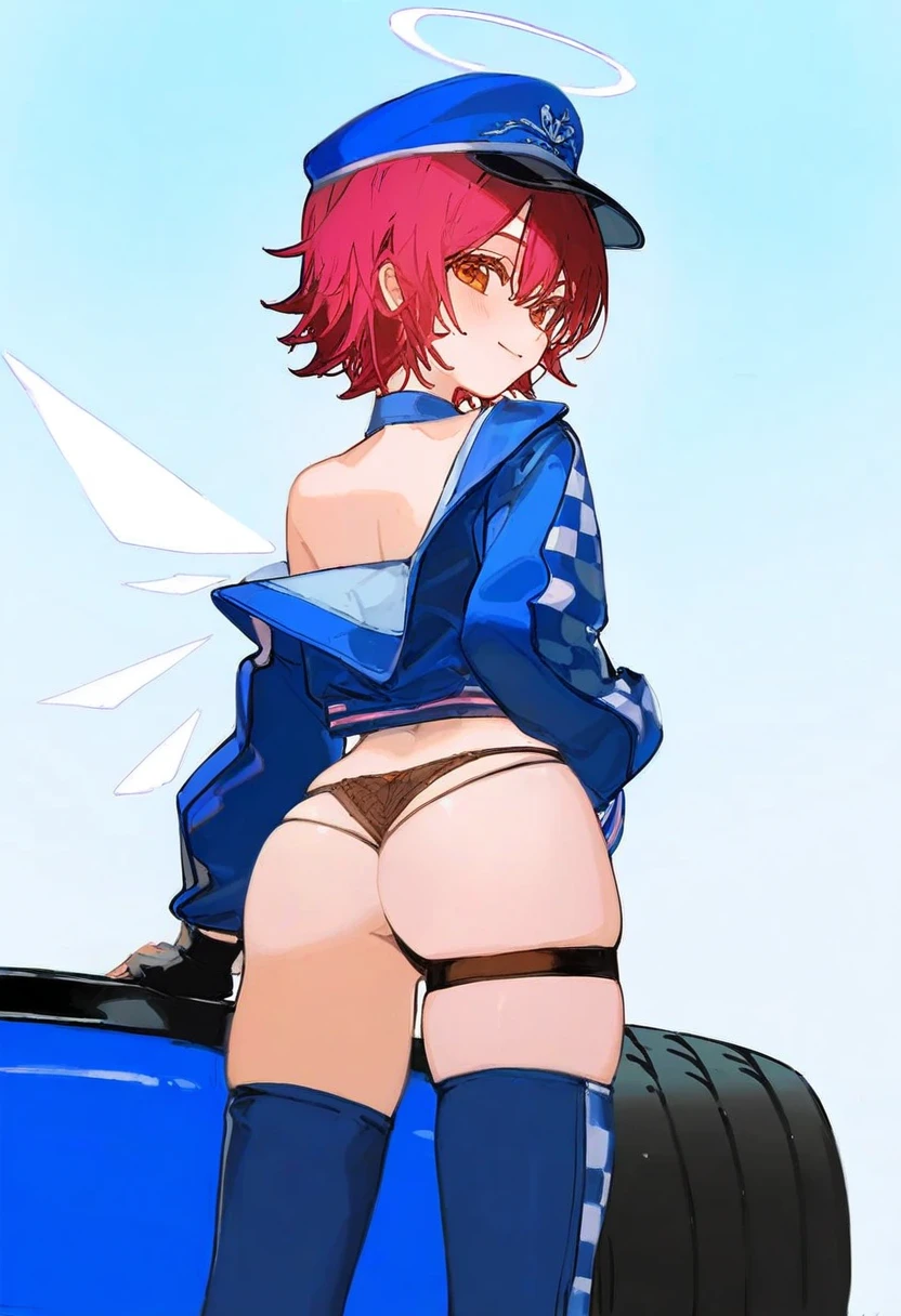[ningenmame],ciloranko,[sho\(sho lwlw\)], - 1girl,exusiai \(arknights\),arknights,black gloves,black panties,blue thigh boots,blue hat,blue jacket,long sleeves,race queen,thigh strap,thong,single bare shoulder,skindentation,tire,