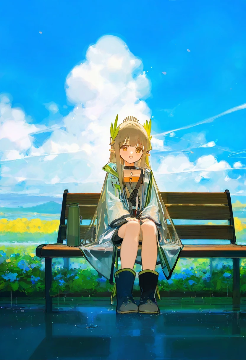 [ningenmame],ciloranko,[sho\(sho lwlw\)], - 1girl,muelsyse \(arknights\),arknights,cloudy sky,grass,on bench,outdoors,rain,road,yellow rubber boots,see-through coat,sitting,transparent raincoat,water drop,