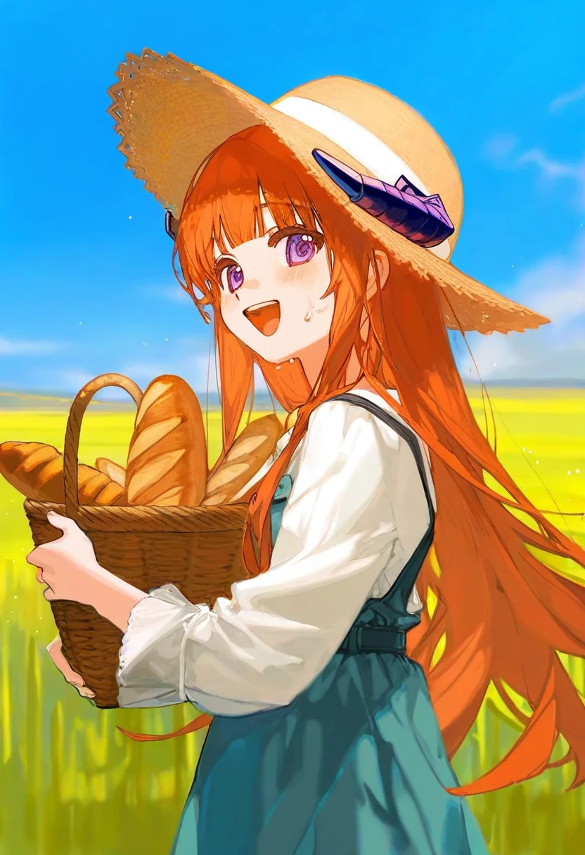 [ningenmame],ciloranko,[sho\(sho lwlw\)], - 1girl,bagpipe \(arknights\),arknights,baguette,blush,bread,croissant,holding basket,pretzel,upper body,straw hat,field,sky,laughing,sweat,sunlight,