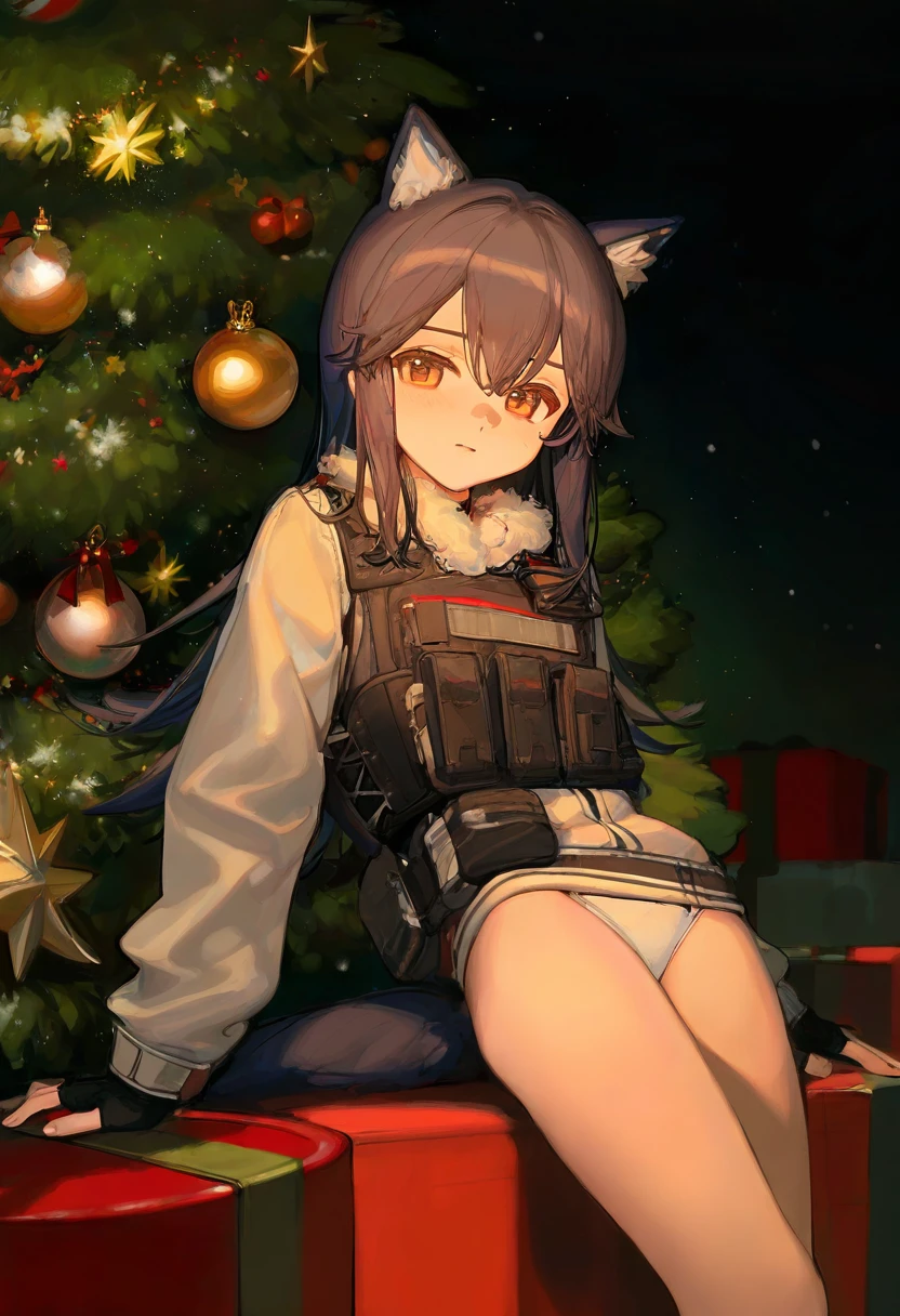 ciloranko,[sho \(sho lwlw\)],[[tianliang duohe fangdongye]],[[rhasta]], - 1girl,texas \(arknights\),arknights,underwear,tactical vest,christmas tree,christmas ornaments,