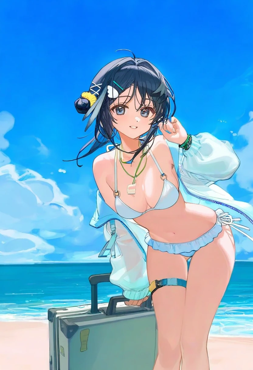 ciloranko,[sho \(sho lwlw\)],[[tianliang duohe fangdongye]],[[rhasta]], - 1girl,la pluma \(summer flowers\) \(arknights\),arknights,white bikini,outdoors,navel,day,sky,blue sky,beach,suitcase,looking at viewer,ocean,low-tied long hair,leaning forward,standing,holding,frills,hand up,bare shoulders,floating hair,
