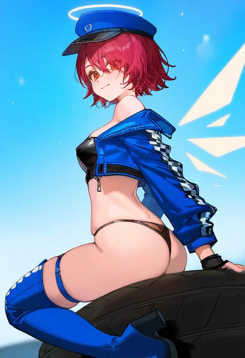 ciloranko,[sho \(sho lwlw\)],[[tianliang duohe fangdongye]],[[rhasta]], - 1girl,exusiai \(arknights\),arknights,black gloves,black panties,blue thigh boots,blue hat,blue jacket,long sleeves,race queen,thigh strap,thong,single bare shoulder,skindentation,tire,