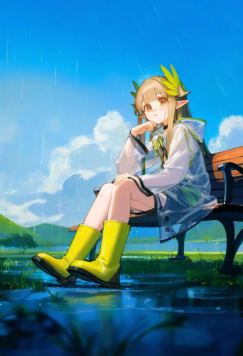 ciloranko,[sho \(sho lwlw\)],[[tianliang duohe fangdongye]],[[rhasta]], - 1girl,muelsyse \(arknights\),arknights,cloudy sky,grass,on bench,outdoors,rain,road,yellow rubber boots,see-through coat,sitting,transparent raincoat,water drop,