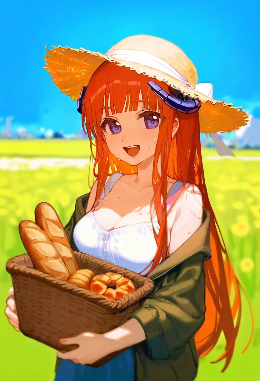 ciloranko,[sho \(sho lwlw\)],[[tianliang duohe fangdongye]],[[rhasta]], - 1girl,bagpipe \(arknights\),arknights,baguette,blush,bread,croissant,holding basket,pretzel,upper body,straw hat,field,sky,laughing,sweat,sunlight,