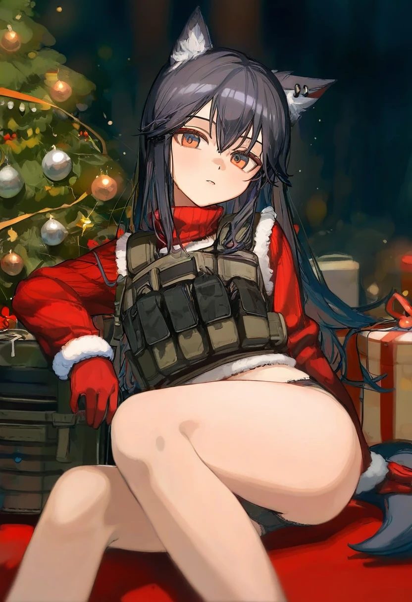 [ningen mame],ciloranko,[sho \(sho lwlw\)],[saintshiro],[[rhasta]], - 1girl,texas \(arknights\),arknights,underwear,tactical vest,christmas tree,christmas ornaments,