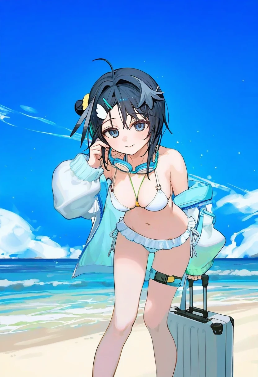 [ningen mame],ciloranko,[sho \(sho lwlw\)],[saintshiro],[[rhasta]], - 1girl,la pluma \(summer flowers\) \(arknights\),arknights,white bikini,outdoors,navel,day,sky,blue sky,beach,suitcase,looking at viewer,ocean,low-tied long hair,leaning forward,standing,holding,frills,hand up,bare shoulders,floating hair,