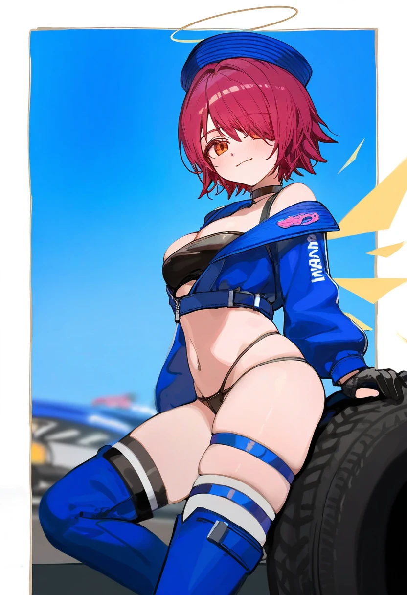 [ningen mame],ciloranko,[sho \(sho lwlw\)],[saintshiro],[[rhasta]], - 1girl,exusiai \(arknights\),arknights,black gloves,black panties,blue thigh boots,blue hat,blue jacket,long sleeves,race queen,thigh strap,thong,single bare shoulder,skindentation,tire,