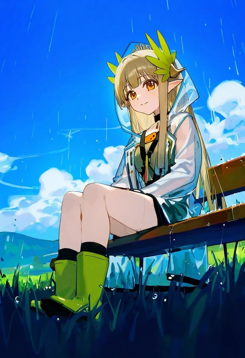 [ningen mame],ciloranko,[sho \(sho lwlw\)],[saintshiro],[[rhasta]], - 1girl,muelsyse \(arknights\),arknights,cloudy sky,grass,on bench,outdoors,rain,road,yellow rubber boots,see-through coat,sitting,transparent raincoat,water drop,