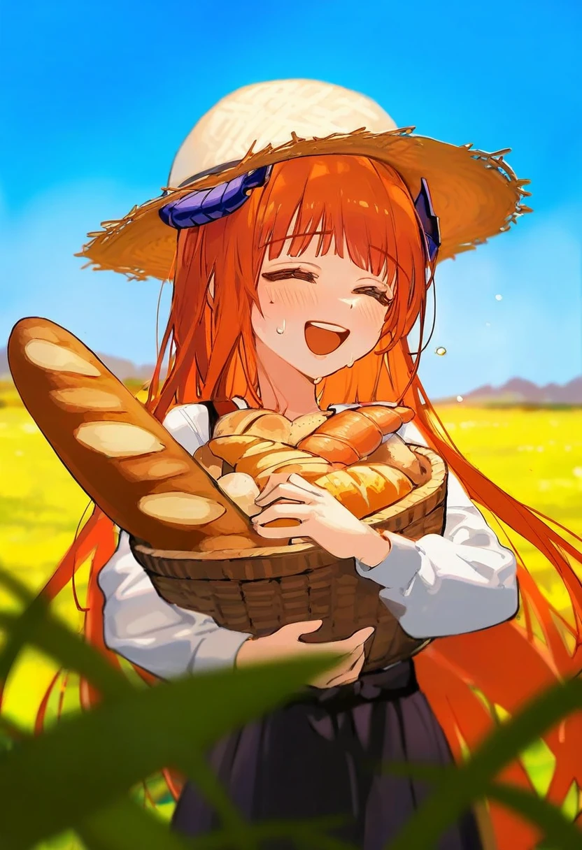 [ningen mame],ciloranko,[sho \(sho lwlw\)],[saintshiro],[[rhasta]], - 1girl,bagpipe \(arknights\),arknights,baguette,blush,bread,croissant,holding basket,pretzel,upper body,straw hat,field,sky,laughing,sweat,sunlight,