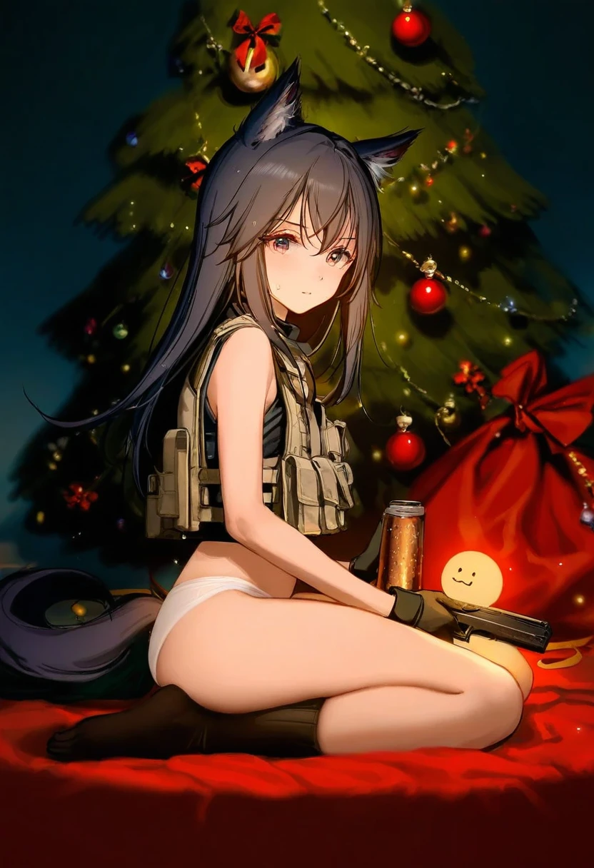 [[ciloranko]],[rhasta],tidsean,[ke-ta],((chiaroscuro)),[sho \(sho lwlw\)]],(ningen mame), - 1girl,texas \(arknights\),arknights,underwear,tactical vest,christmas tree,christmas ornaments,