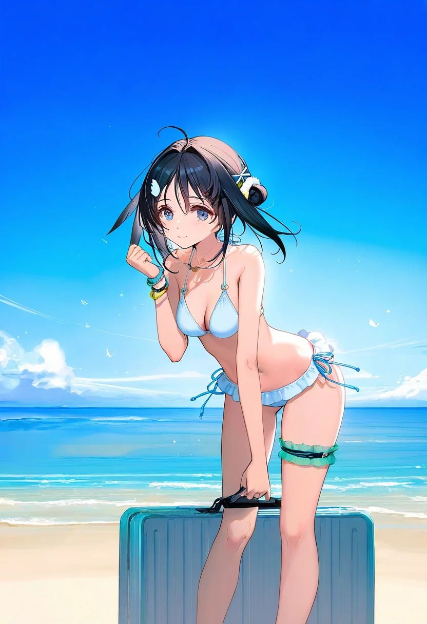 [[ciloranko]],[rhasta],tidsean,[ke-ta],((chiaroscuro)),[sho \(sho lwlw\)]],(ningen mame), - 1girl,la pluma \(summer flowers\) \(arknights\),arknights,white bikini,outdoors,navel,day,sky,blue sky,beach,suitcase,looking at viewer,ocean,low-tied long hair,leaning forward,standing,holding,frills,hand up,bare shoulders,floating hair,