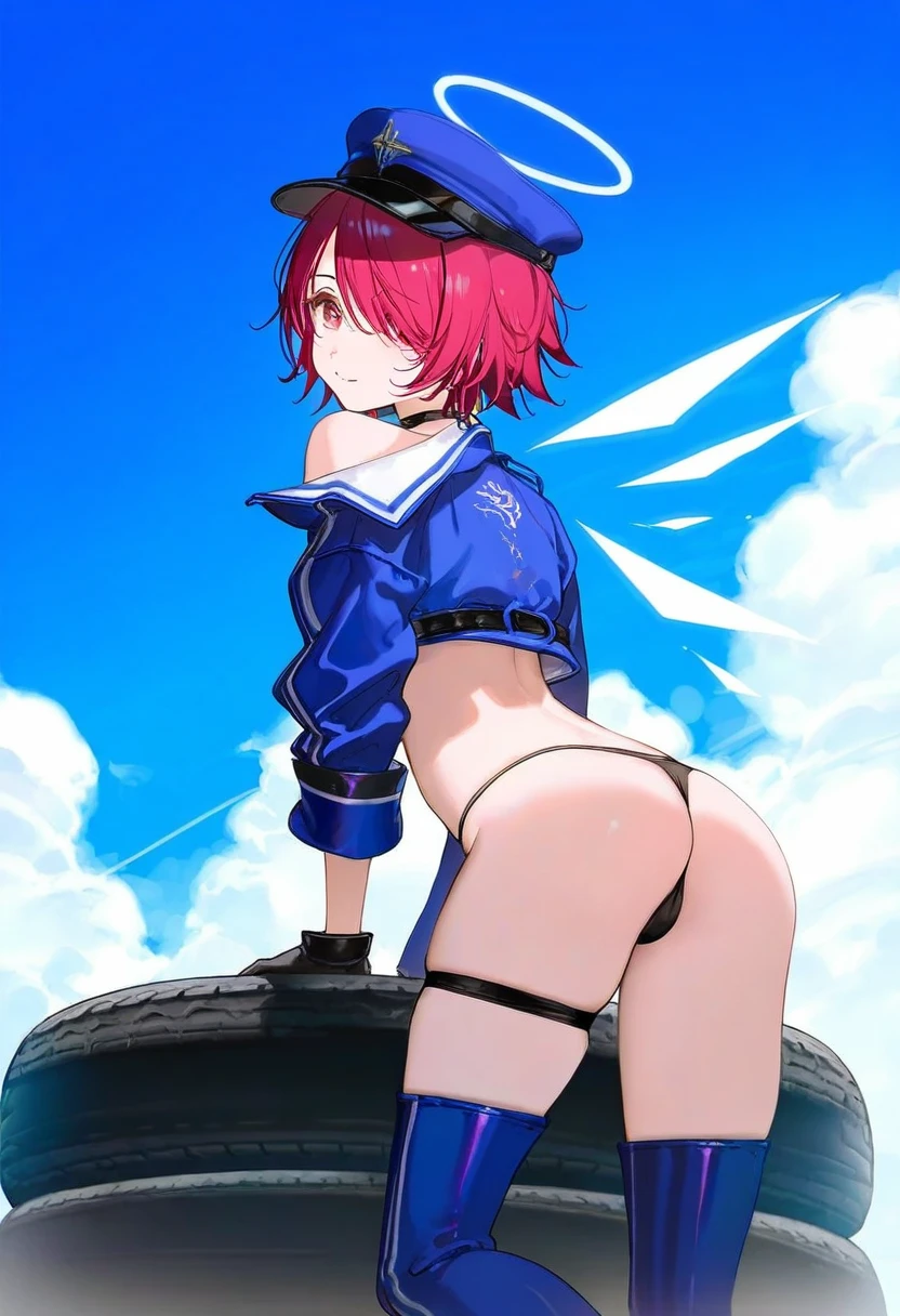 [[ciloranko]],[rhasta],tidsean,[ke-ta],((chiaroscuro)),[sho \(sho lwlw\)]],(ningen mame), - 1girl,exusiai \(arknights\),arknights,black gloves,black panties,blue thigh boots,blue hat,blue jacket,long sleeves,race queen,thigh strap,thong,single bare shoulder,skindentation,tire,