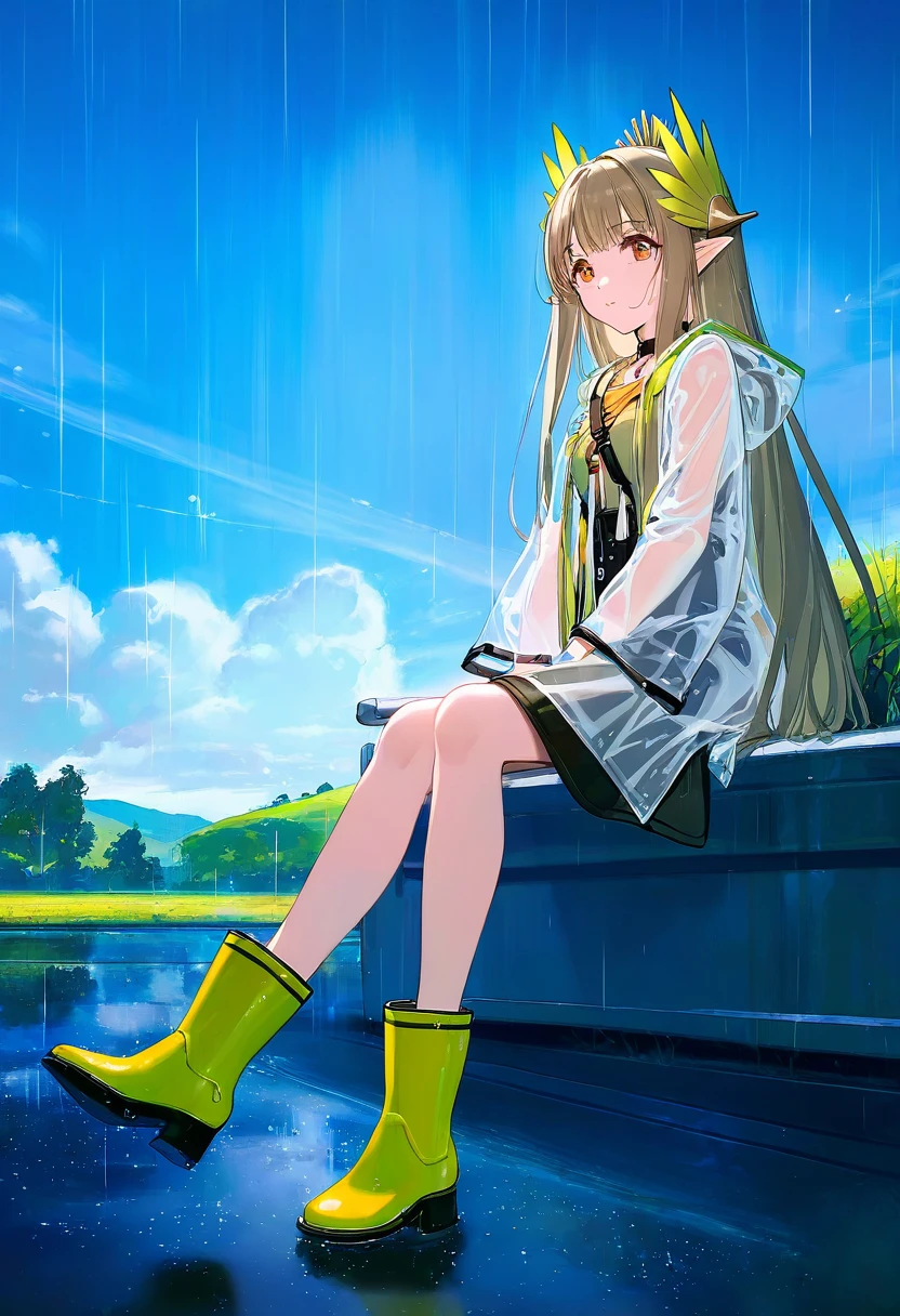 [[ciloranko]],[rhasta],tidsean,[ke-ta],((chiaroscuro)),[sho \(sho lwlw\)]],(ningen mame), - 1girl,muelsyse \(arknights\),arknights,cloudy sky,grass,on bench,outdoors,rain,road,yellow rubber boots,see-through coat,sitting,transparent raincoat,water drop,