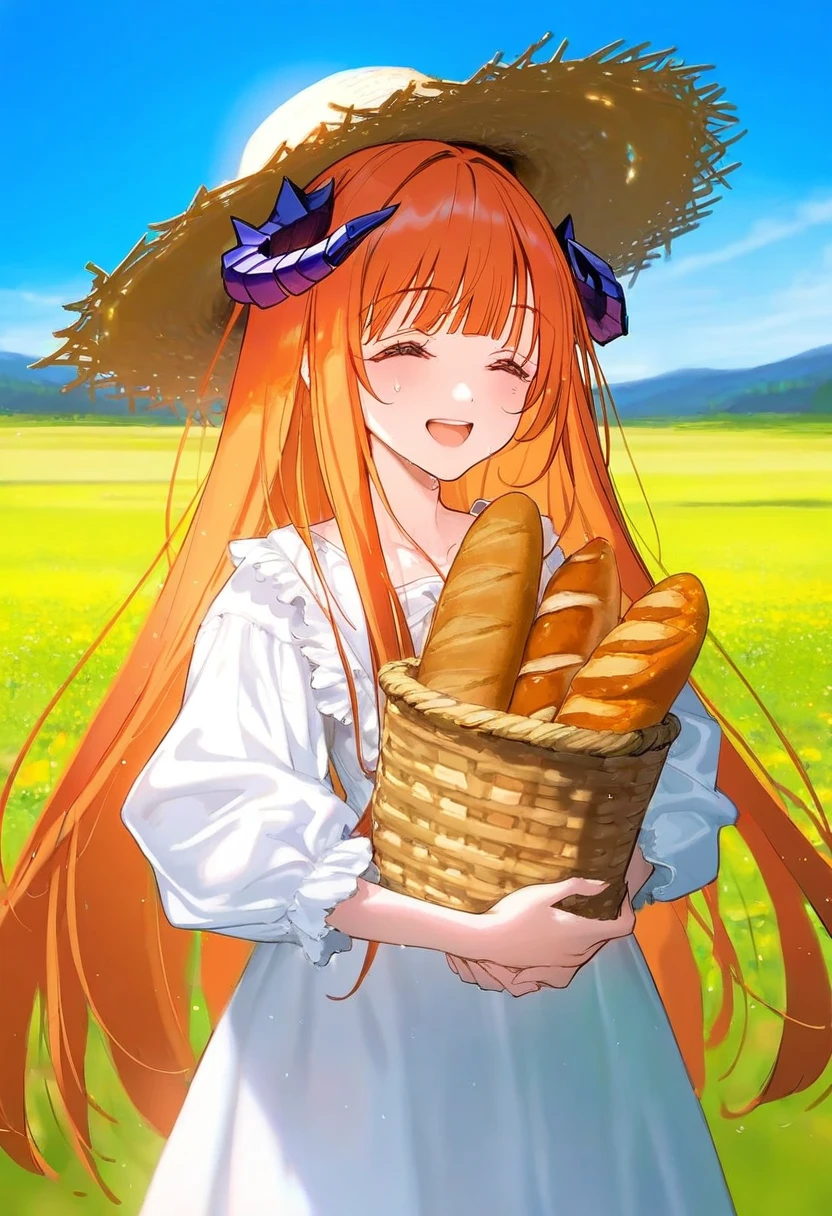 [[ciloranko]],[rhasta],tidsean,[ke-ta],((chiaroscuro)),[sho \(sho lwlw\)]],(ningen mame), - 1girl,bagpipe \(arknights\),arknights,baguette,blush,bread,croissant,holding basket,pretzel,upper body,straw hat,field,sky,laughing,sweat,sunlight,