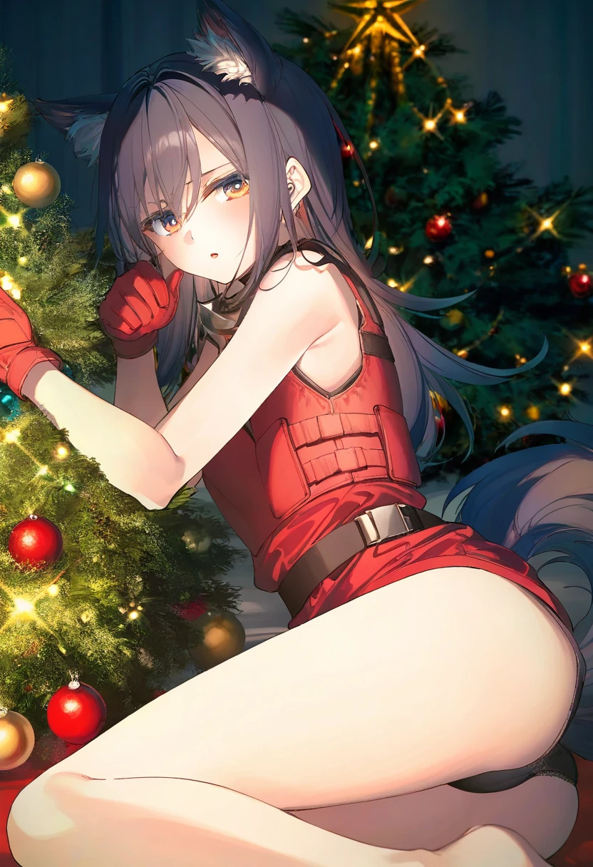 ((toosaka asagi)),[[ningen mame],ciloranko,[sho \(sho lwlw\)],[[tianliang duohe fangdongye]],[rhasta]], - 1girl,texas \(arknights\),arknights,underwear,tactical vest,christmas tree,christmas ornaments,