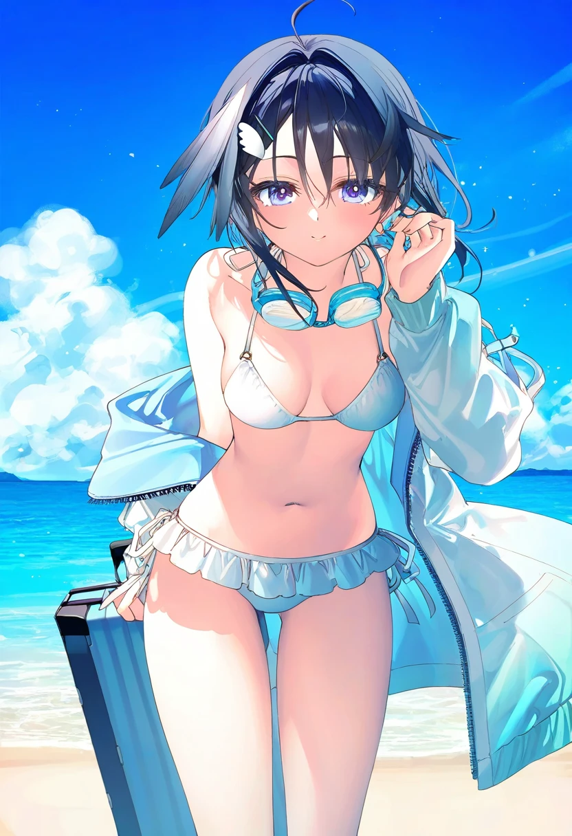 ((toosaka asagi)),[[ningen mame],ciloranko,[sho \(sho lwlw\)],[[tianliang duohe fangdongye]],[rhasta]], - 1girl,la pluma \(summer flowers\) \(arknights\),arknights,white bikini,outdoors,navel,day,sky,blue sky,beach,suitcase,looking at viewer,ocean,low-tied long hair,leaning forward,standing,holding,frills,hand up,bare shoulders,floating hair,